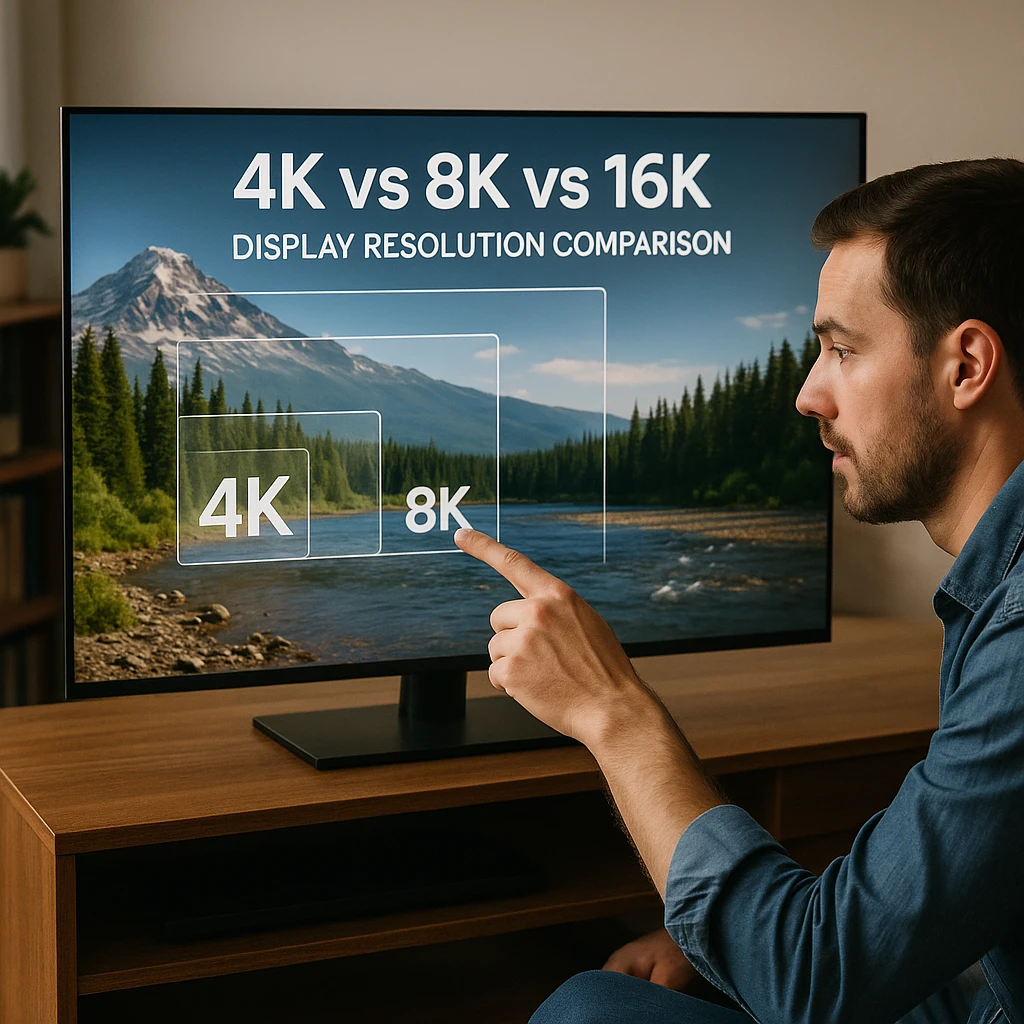 Gaming setup with multiple monitors showing 4K vs 8K performance comparison