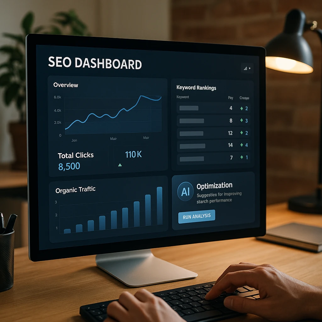 Modern SEO dashboard showing analytics graphs, keyword rankings, and AI optimization features on computer screen