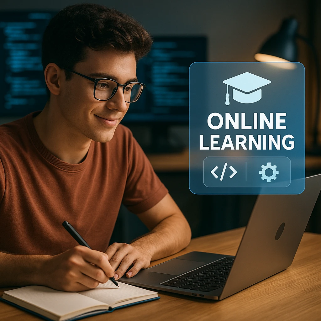 A modern student using multiple devices to access online learning platforms
