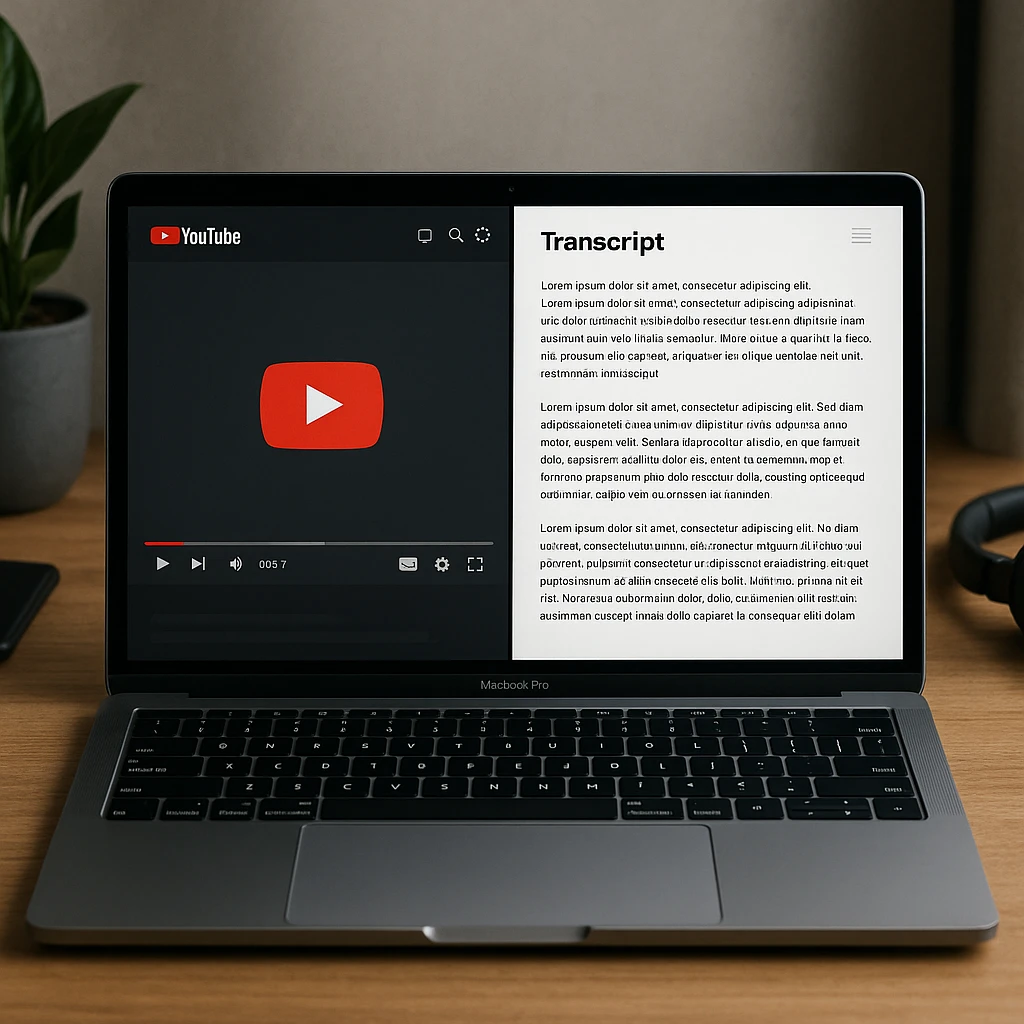 Split screen showing YouTube video on left and clean transcript text document on right