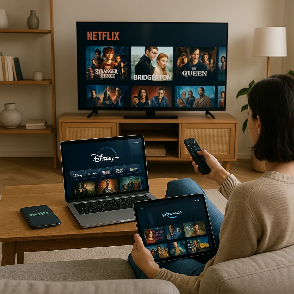 Comparison of streaming service interfaces on tablet showing Netflix, Prime Video, and Disney+ home screens