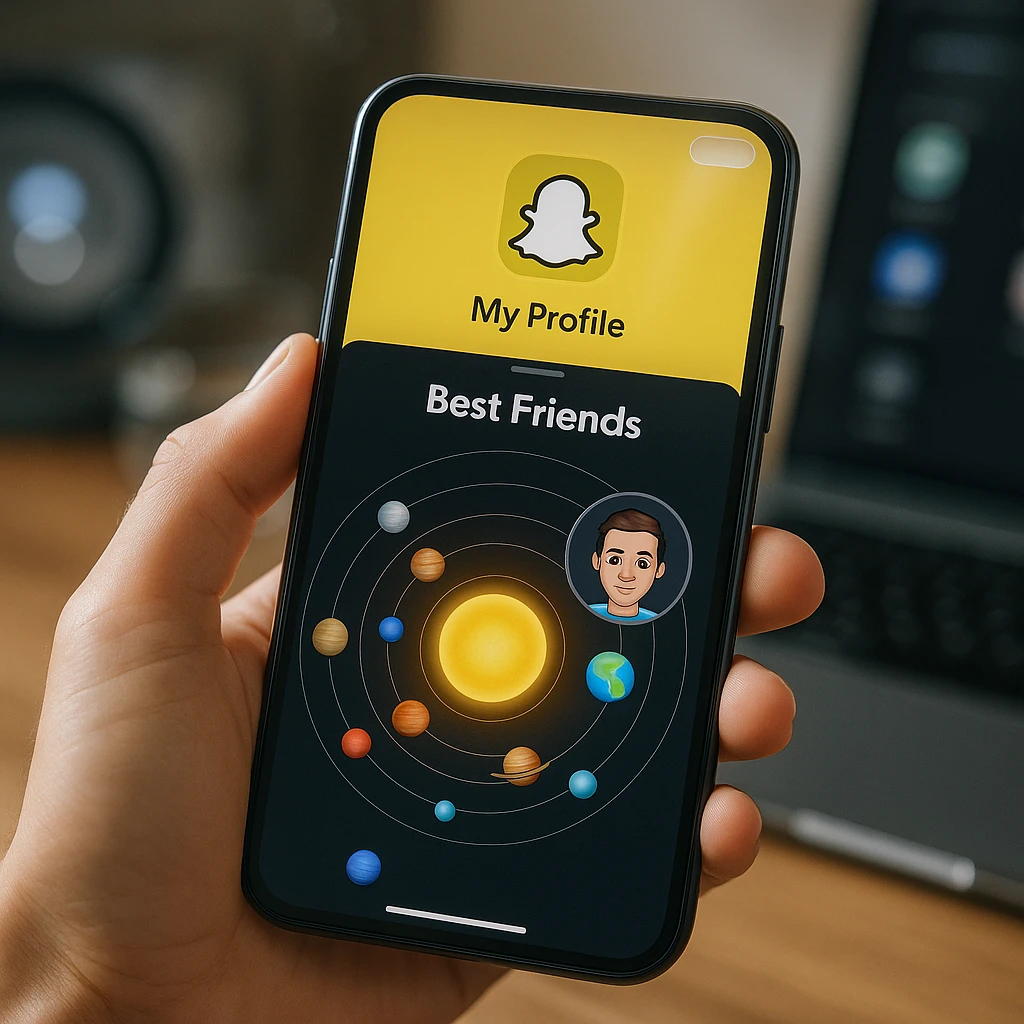 Modern smartphone displaying Snapchat profile with best friends solar system feature showing planetary rankings